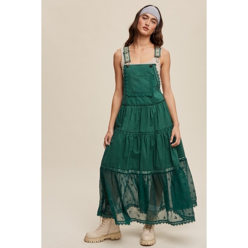 LISTICLE Forest Green Lace Embroidered Maxi Skirtall | Boho Overall Jumper - Picture 10 of 11